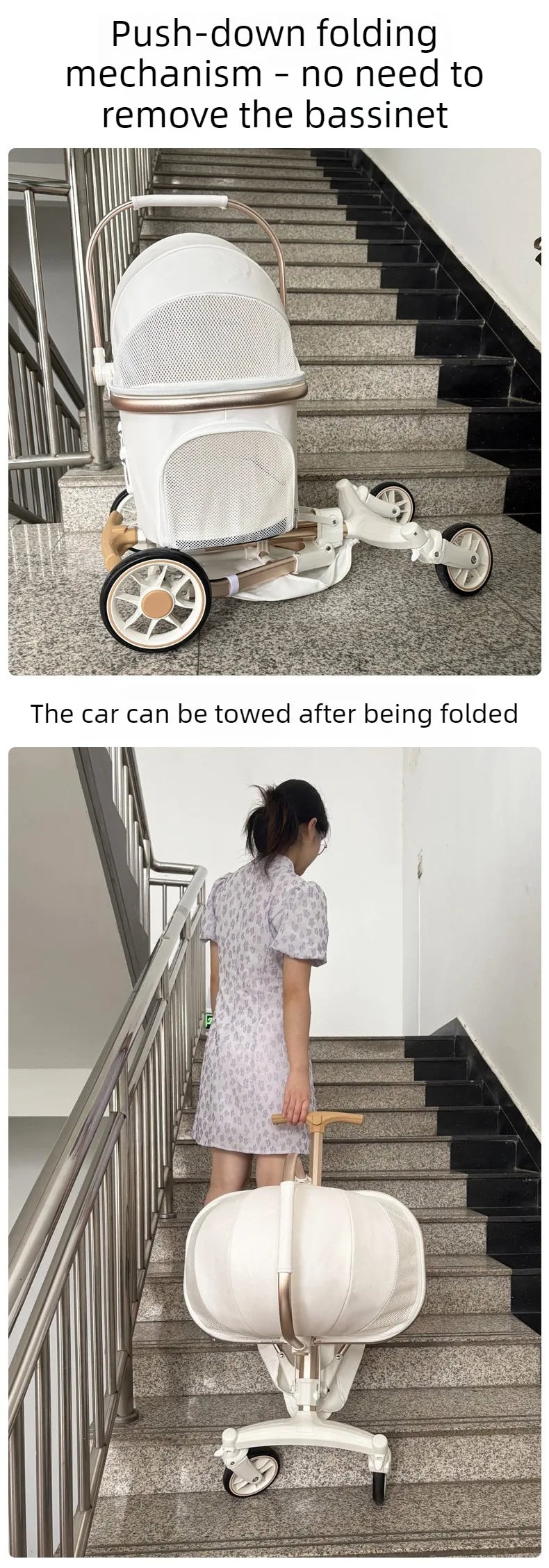 Foldable Dog Stroller Milk White PU Waterproof High Landscape Pet Stroller Outdoor Travel Pet Trolley Bearing Weight 15 KG