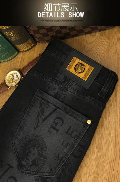 Spring and Autumn Korean Slim Jeans for Men 2025 High-end Luxury Clothing Black Printing Mid-waist Stretch Casual Pencil Pants