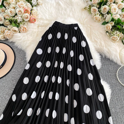 2026 Pleated Skirt Elastic Waist Polka Dot Fashion Printed Slim Pleated Skirt Women's Summer New Beach Vacation Mid-length Skirt
