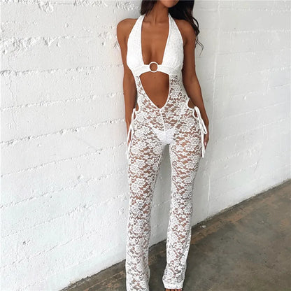 Hirigin Women’s Hollow Lace Tight Jumpsuit Hanging Neck Sleeveless Showing Navel Long Pants Solid Color Bodysuit for Summer