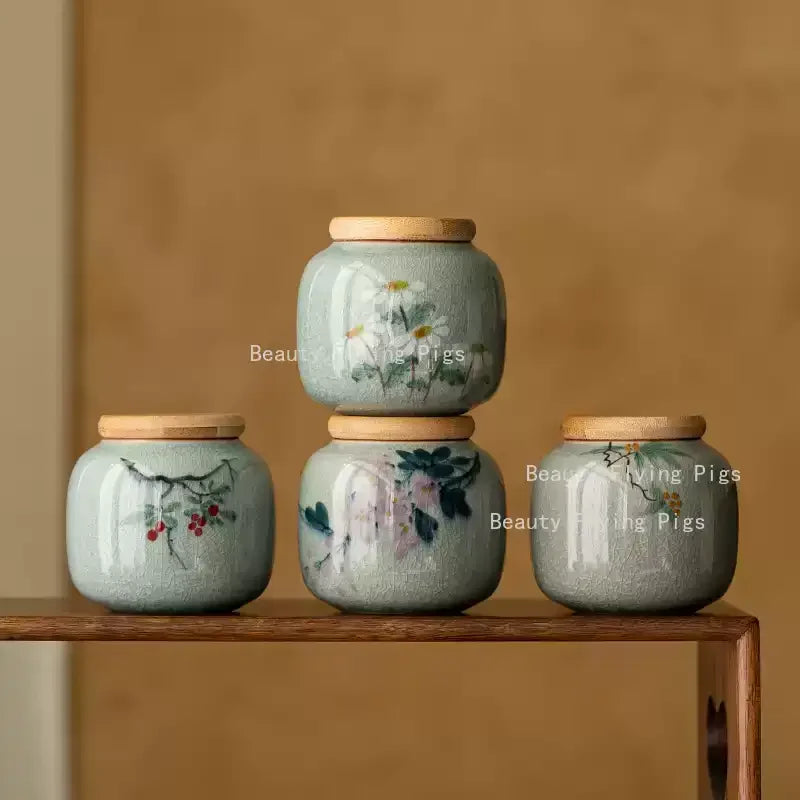 1pc Ceramics Hand Drawn Plum Blossom Urn for Ashes Pet Corpse Cremation Coffin Chinese Style Mini Urn with Lid for Ashes