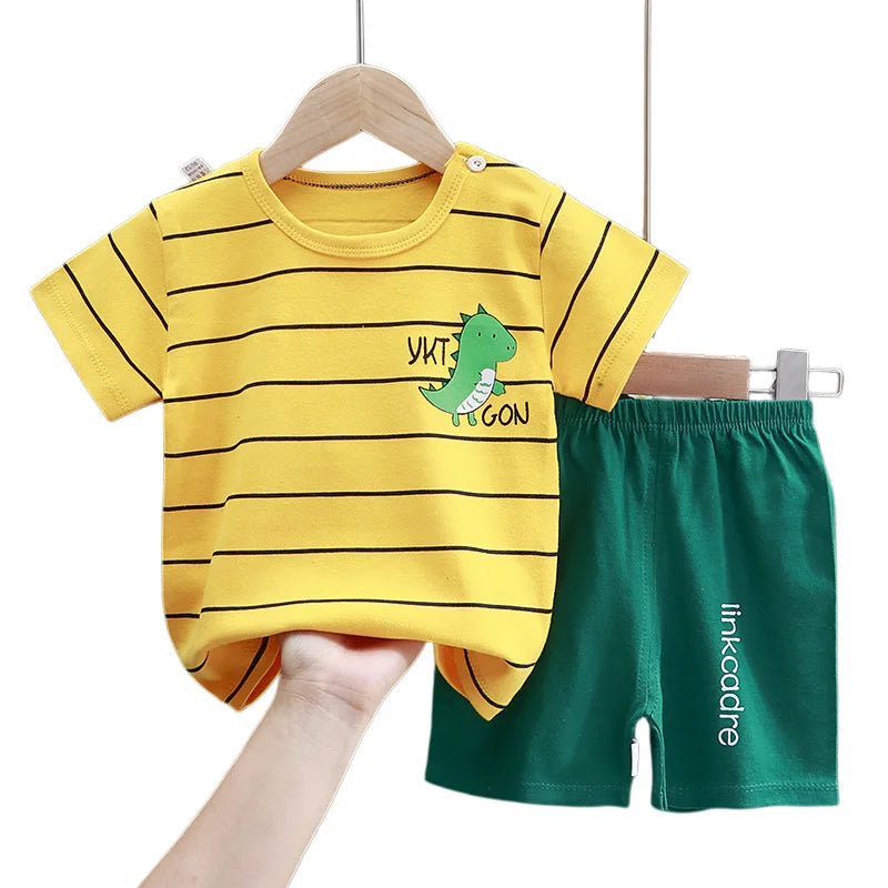 Summer Casual Baby Set Dinosaur Style Stripe T-shirt+Shorts 2Pcs Clothes for Boys Girls Soft Cotton Infant Outfit