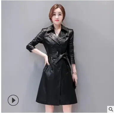 Top Compound lambskin leather jacket lady Free wash PU women clothing trench Long faux fur coat streetwear casaca para mujer