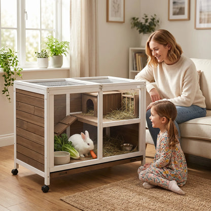 Hutcrate rabbit Cage on castors small animals enclosure in solid drink 2 floors sunroof 91,5x53,3x73 cm Brown