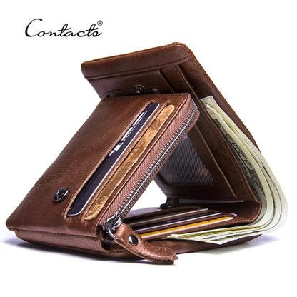 CONTACT'S Genuine Leather Short Wallets for Men Trifold Card Holder Money Clip Coin Purse Male Pocket Wallets Men's Purse Bags