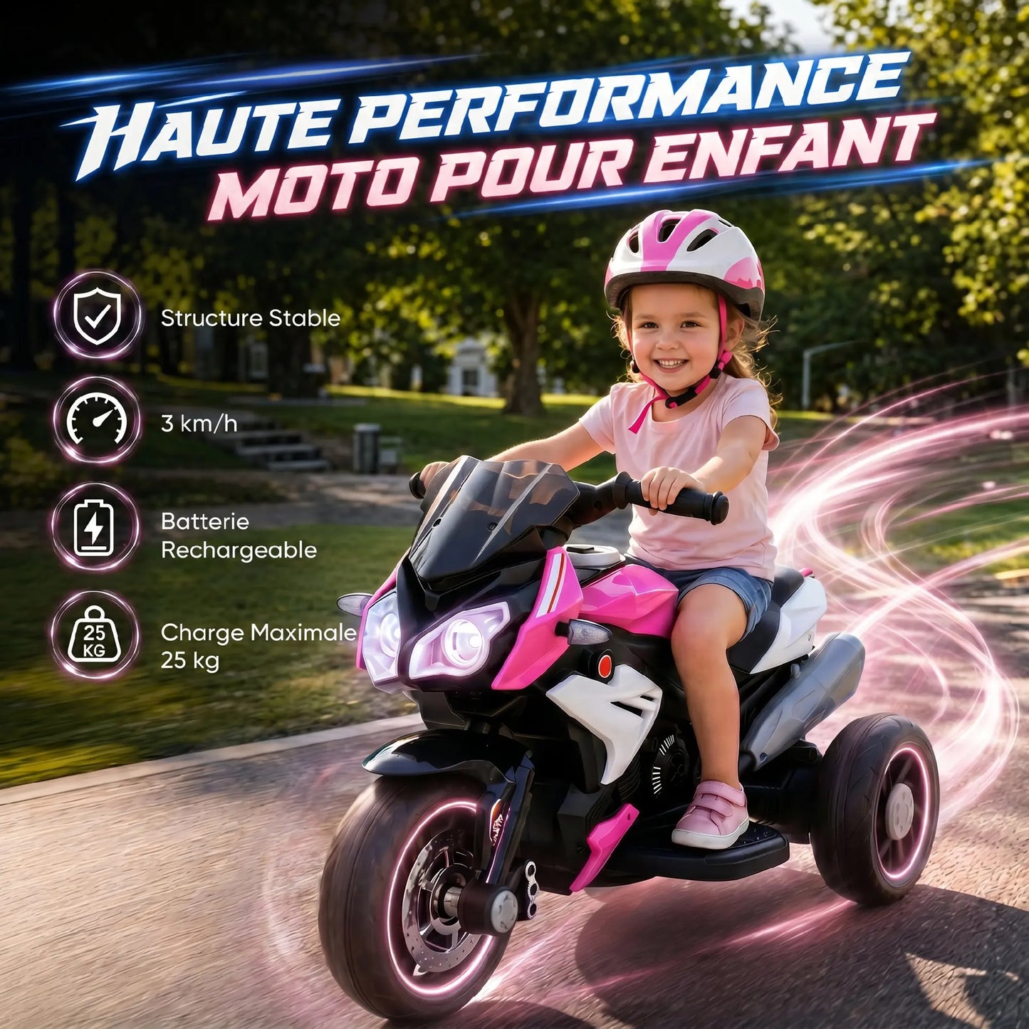 3-wheel electric motorcycle for children, 6V, electric motorcycle for kids aged 3 to 5, with lights and sounds, 86x42x52cm, load capacity: 25 kg