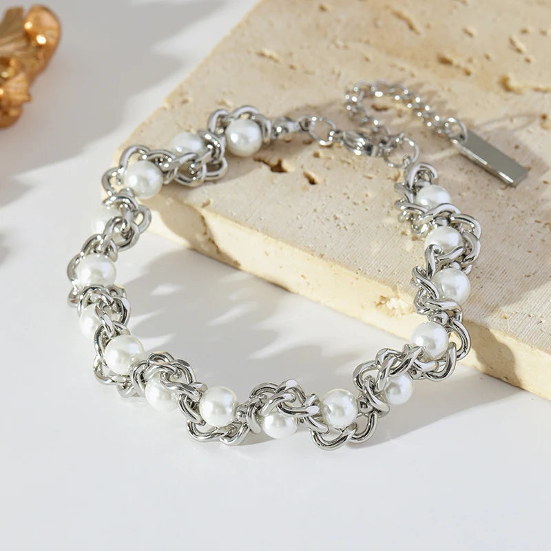 GANPUP 316L Stainless Steel Metal Beads Charms Bracelet Bangle for Women Texture Trendy Wrist Chain Jewelry Gift Bijoux Femme