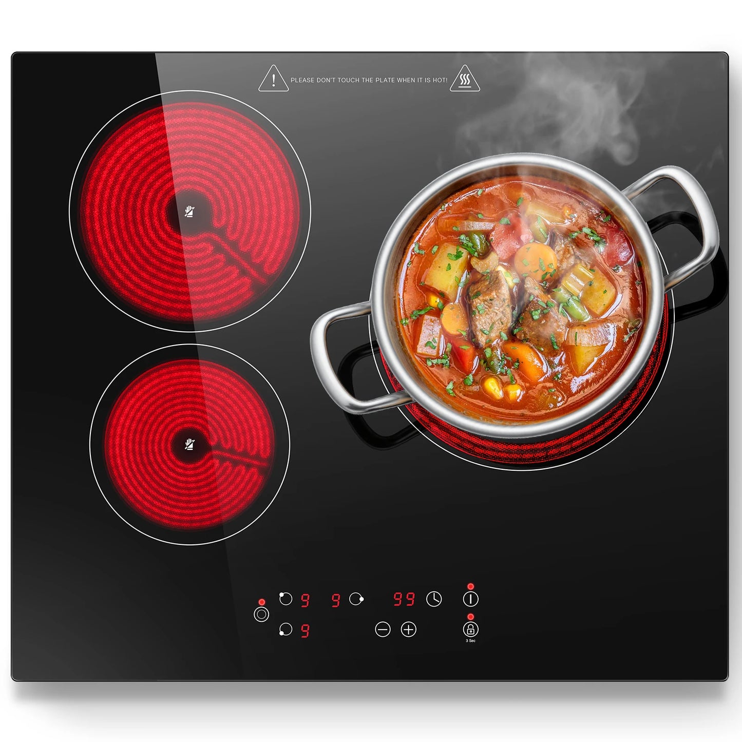 2-Zone Ceramic Hob, 3000W with Child Lock, 9 Heat Levels, 1-99min Timer, Black (CE Certified)