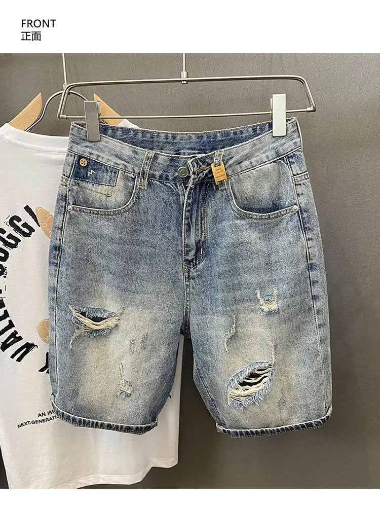 Summer Trendy Brand Handsome Denim Shorts Men's Washed Embroidered Patch Trendy Short Pants Ripped Slim-fit Elastic Middle Pants
