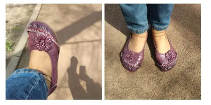 Vintage Flower Moccasins Woman Genuine Leather Ballet Flats Ladies Hollow Slip Ons Women's Luxury Loafer Purple Walking Shoes 42