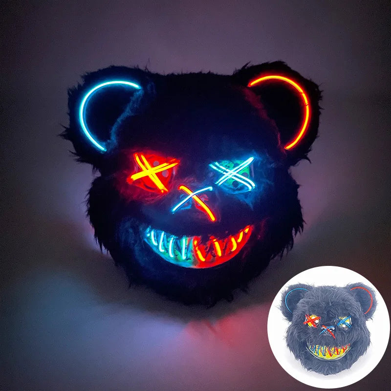 LED Bloody Rabbit Mask Glowing Killer Black Bear Mask Halloween Dance Party Cosplay Costume Props Assassinated Plush Rabbit Mask