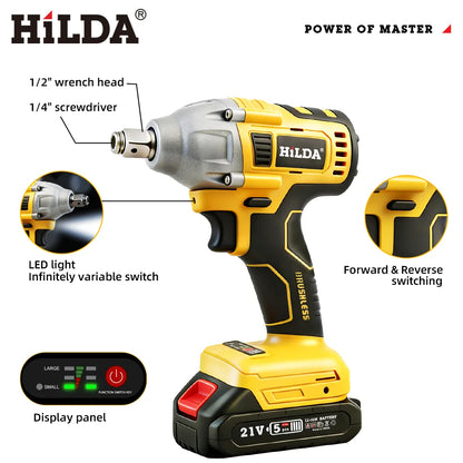 HILDA 1/2" Brushless Impact Wrench 1200N.m High Torque Electric Wrench Power Tool for Scaffolding Tire Repair For Makita Battery