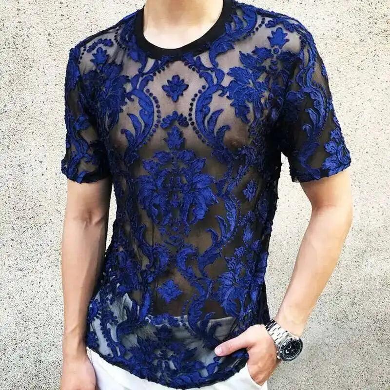 Sexy Round Neck T Shirt Soft Velvet Slim Men Clothing Nightclub Short-sleeved Top Quality Transparent Floral T Shirt See Through