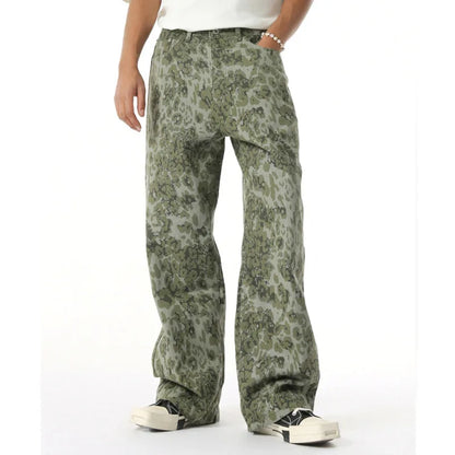 2025 Four Seasons Men's Youth Popular Multi color Pattern Camouflage Pants Basic Versatile Straight Wash Casual Cowboy Pants