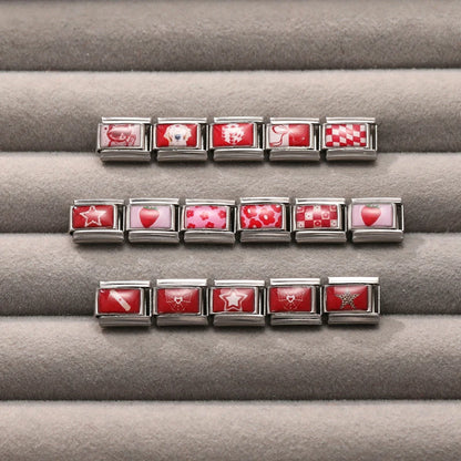 Y2K Red Pink Heart Dog Cat Flowers Italian Charm Link Fit 9mm Stainless Steel Jewelry DIY Making Bracelets For Gifts