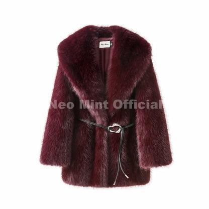 Neo Mint Chic Brand Fashion Brown Belted Faux Fur Coat Women 2025 Winter Thick Warm Long Fox Fur Jacket Girls Furry Overcoat