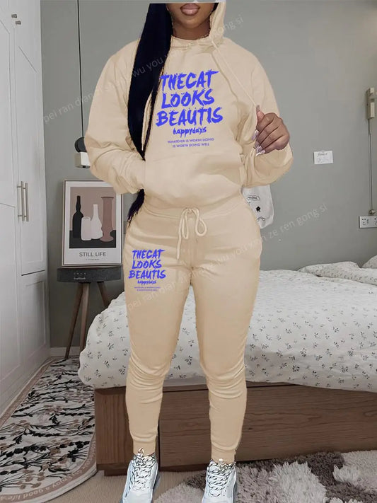 Womens TrackSuit Aesthetic Sweatshirts Sweatpants Two-piece Suit 2025 New Fleece Letter Printing Streetwear Women Hoodie Sets