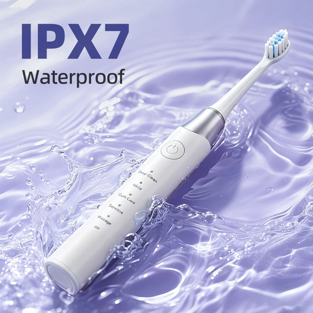 IPX7 atsparus vandeniui, soninis elektrinis dantų šepetėlis, 5 valymo režimai, gilus valymas, balinimas, dantų šepetėlis, dantenų priežiūra, išmanusis laikas, žemas triukšmas