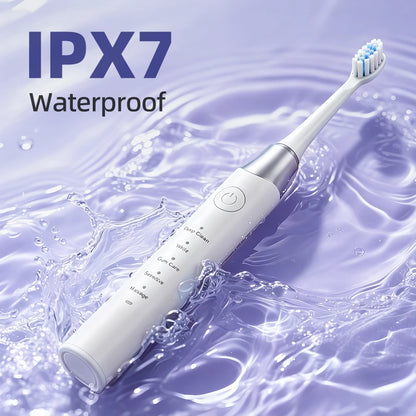 IPX7 atsparus vandeniui, soninis elektrinis dantų šepetėlis, 5 valymo režimai, gilus valymas, balinimas, dantų šepetėlis, dantenų priežiūra, išmanusis laikas, žemas triukšmas
