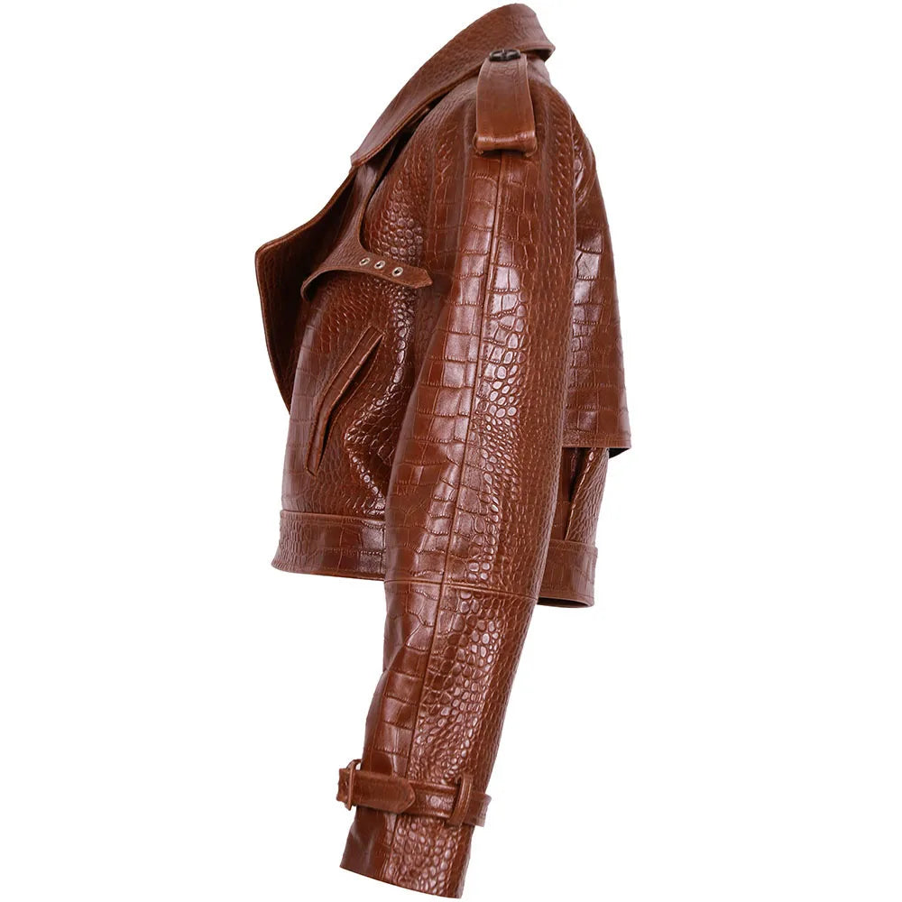YOLOAgain Wide Shoulder Real Leather Jacket Women Oversized Genuine Leather Cropped Jacket