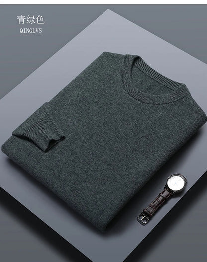 Classic Solid Color Men's O-neck Sweater Autumn Winter 100% Merino Wool Knitted Pullover Long Sleeve Warm Loose Casual Men Tops