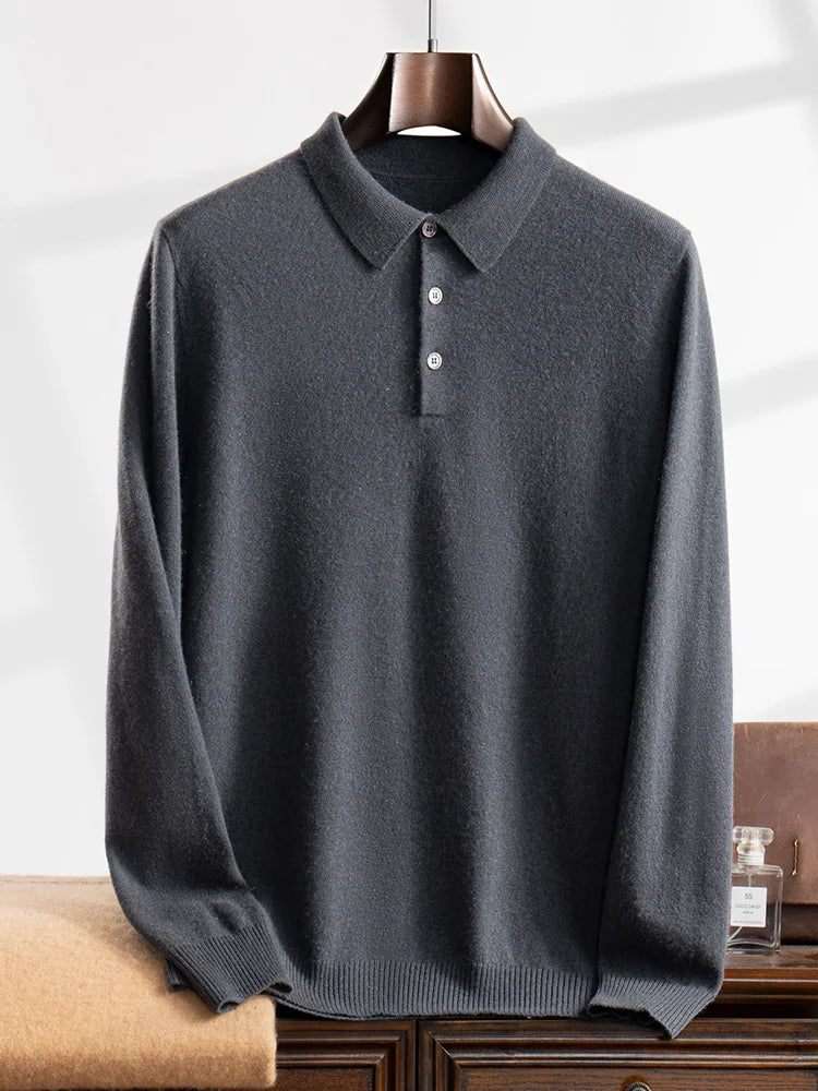 ANGEL 2024 Men's New POLO Shirt 100% Cashmere Knitted Pullover Solid Color Sweater Fall Winter Casual Business Office Jacket