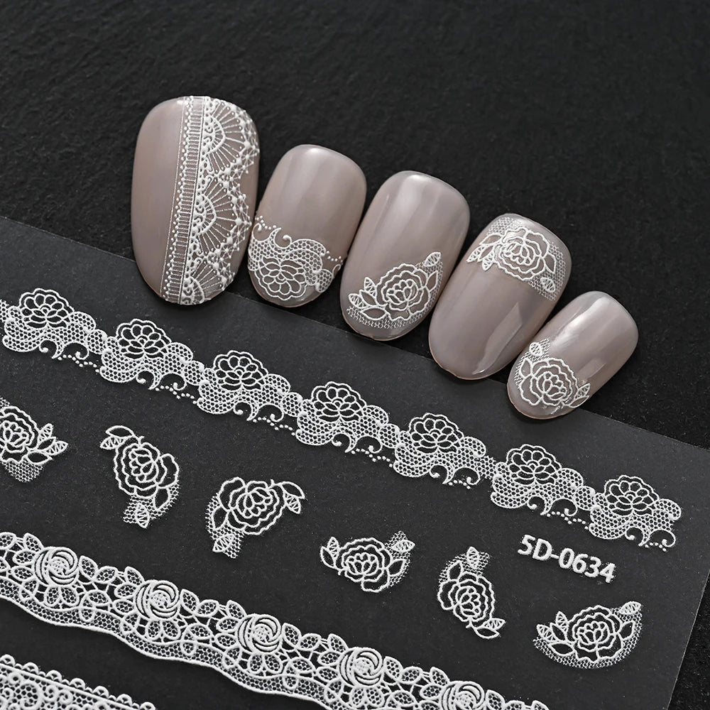 2pcs Y2K White Lace 5D Nail Art Stickers White Embossed Flowers Petals Elegant French Decals Wedding Nails Manicure Decorations*