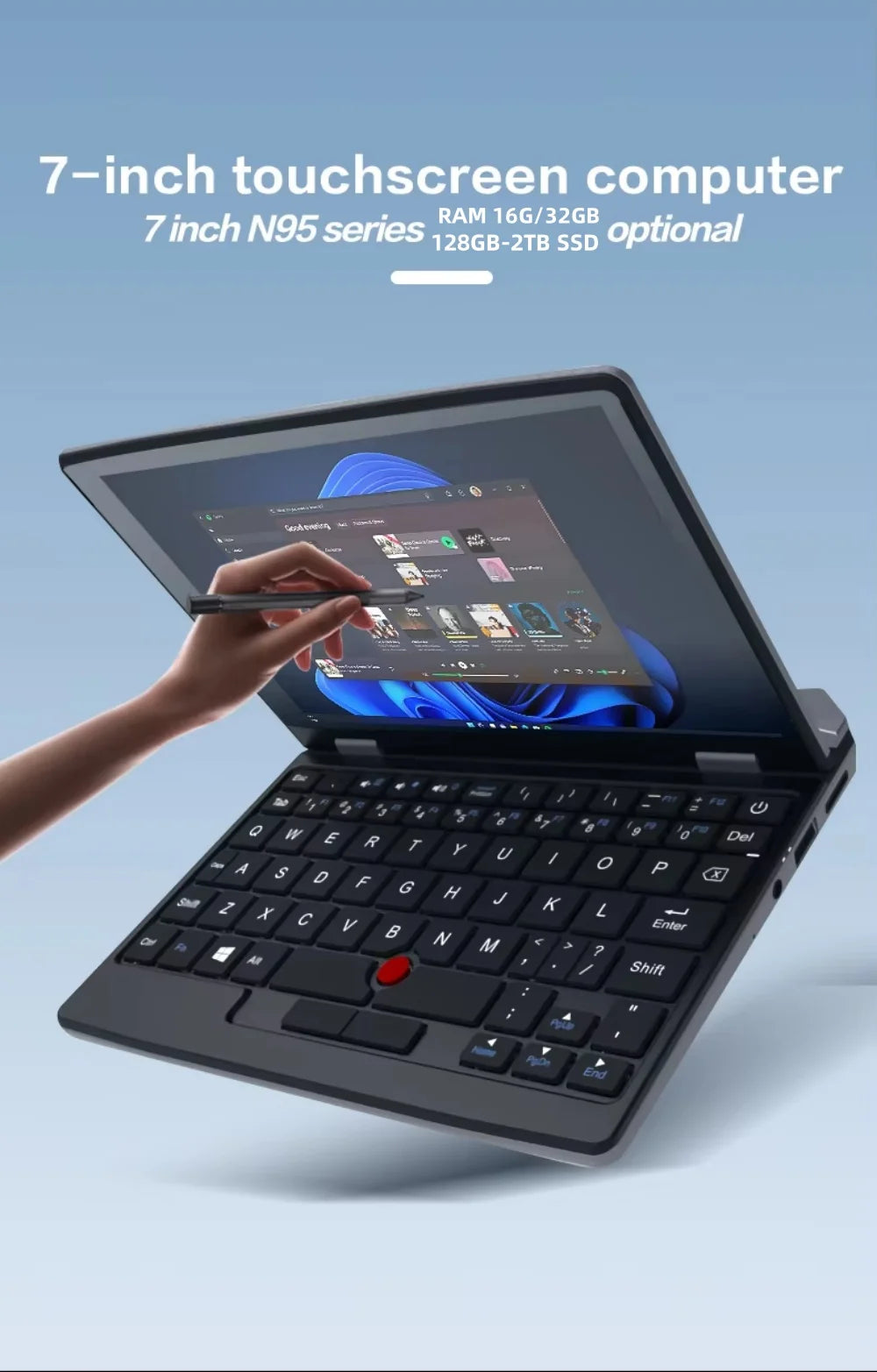 7 inch Pocket Laptop N95 Notebook Touch Screen Portable Netbook Win 11 Pro 8GB 16GB+1TB Mini PC Micro Computer Bluetooth 4.2