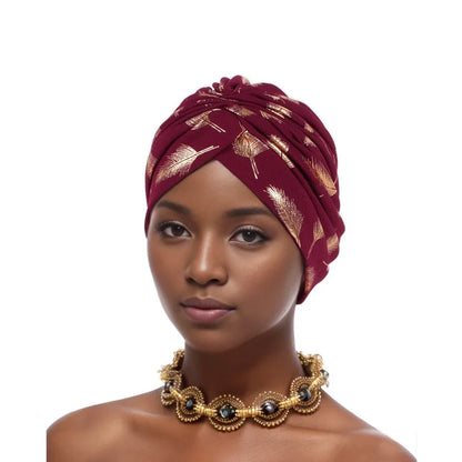 Feather Gold Stamping Fabric Turban Cap for Women African Wrap Head Bonnet Muslim Under Scarf Hat Turbante Mujer