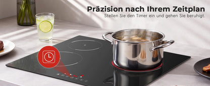 6000W Built-in Ceramic Hob, 4 Zone Induction Cooktop with Touch Control, 9 Power Levels, Timer & Child Lock, 60cm Black Glass