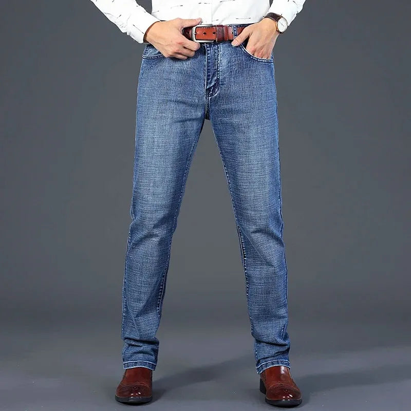 2026 Brand Slim Washed Jeans Casual Straight Stretch Fashion Classic Blue Black Work Denim Trousers Male Brand Clothing