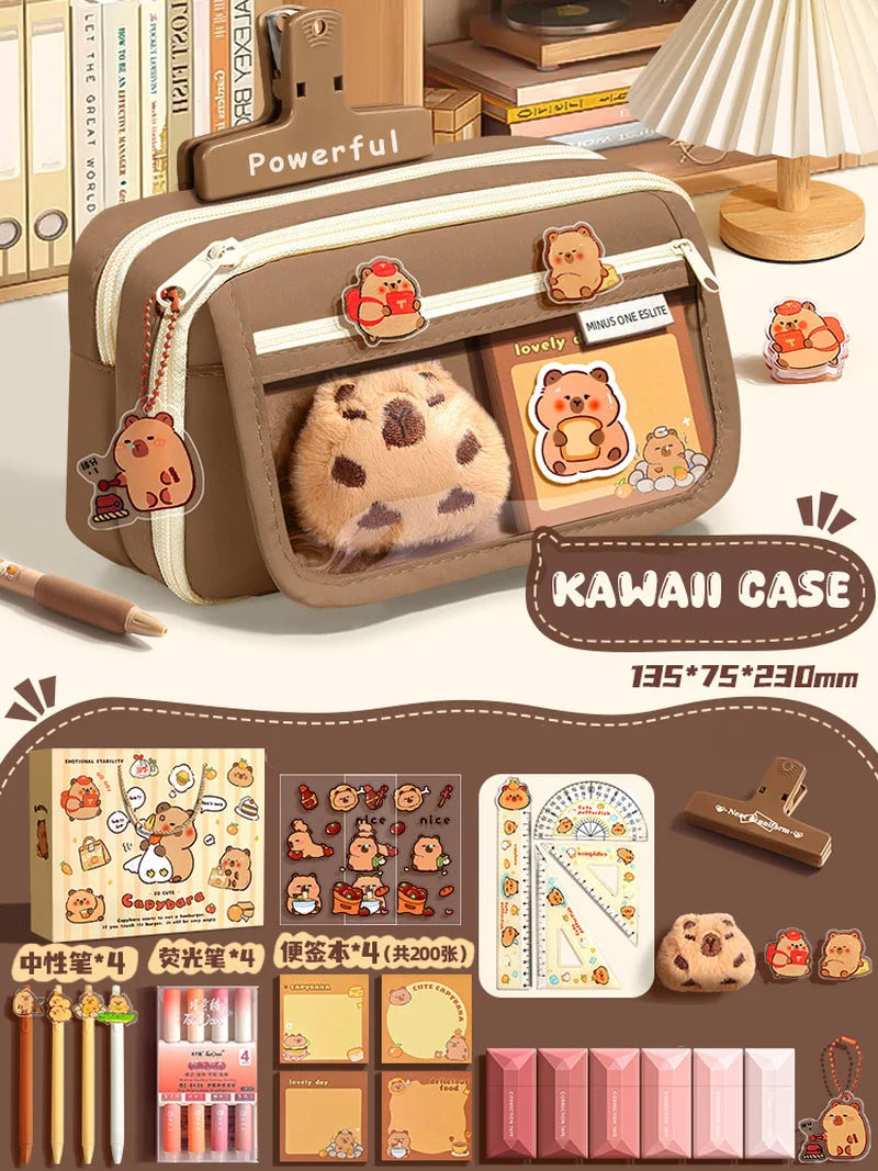 Kawaii Large Capacity Pencil Cases For School Bag Pouch Box 3 Compartments Supply Supplies Girl Boy Kit Cute Stationery Zippers