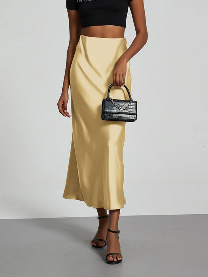 21 Colors New 2026 Women's Elegant High Waist Satin Long Skirts Female Summer Solid Color Faldas