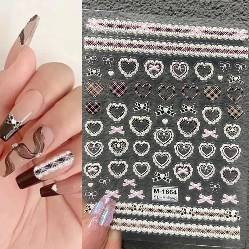 Sweet Bowknot Black Lace Heart Nail Stickers 3D Self Adhesive Nail Art Stickers Japanese Cool Girls Manicure Decorations Decals
