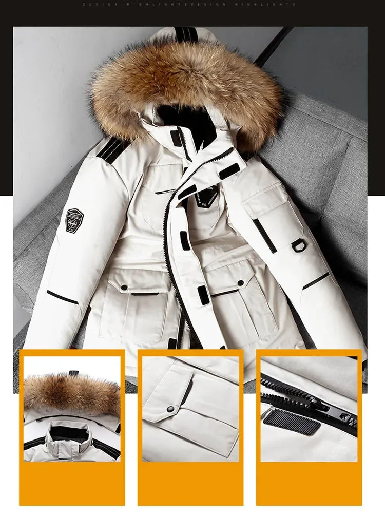 Winter Mens Down Jacket 90% White Duck Down Parkas Coat Mid-length Fur Collar  -30 Degree Keep Warm Male Thicken Snow Overcoats