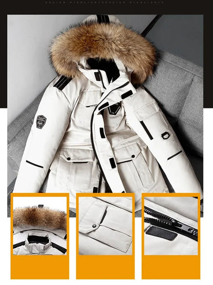 Winter Mens Down Jacket 90% White Duck Down Parkas Coat Mid-length Fur Collar  -30 Degree Keep Warm Male Thicken Snow Overcoats