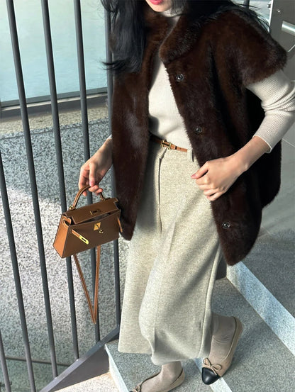 Women's Autumn Winter Faux Mink Hair Stand Collar Sleeveless Loose Vest Jacket Lady Streetwear Single Breasted Faux Fur Vest Top
