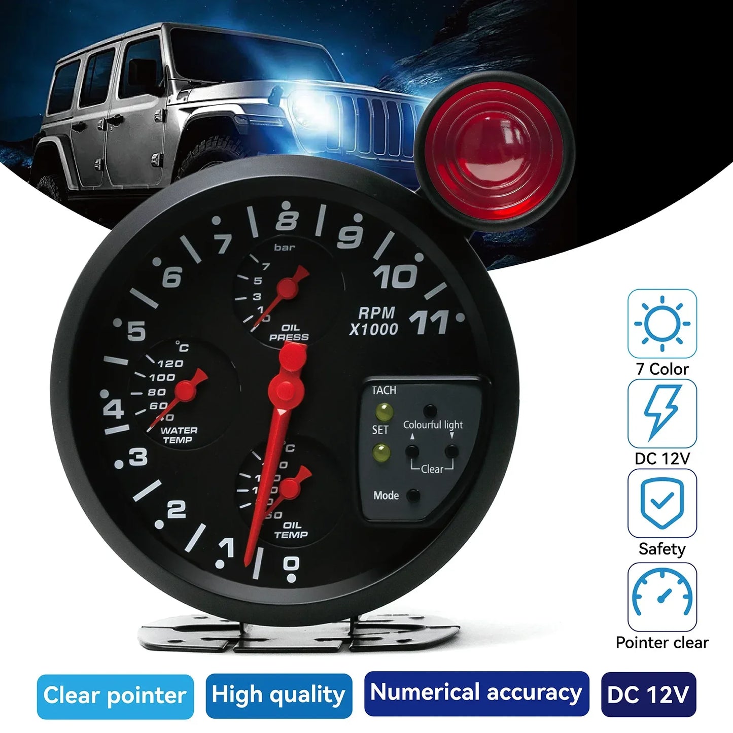 5" Car Gauge 4-in-1 Tachometer Water Temperature Oil Temperature Oil Pressure Gauges Multifunctional Gauge with Alarm Function