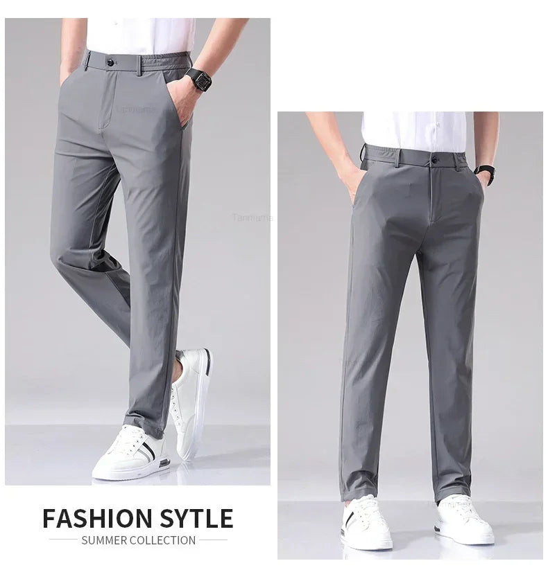 Ultra-thin Elastic Men's Casual Trousers Summer Quick-drying Ice Silk Slim Straight Business Solid Color Y2K Trousers Black Gray