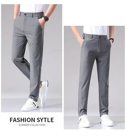 Ultra-thin Elastic Men's Casual Trousers Summer Quick-drying Ice Silk Slim Straight Business Solid Color Y2K Trousers Black Gray