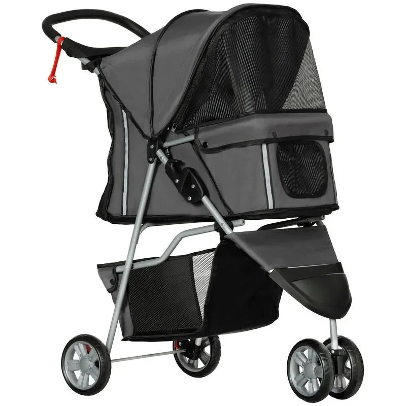 3 Wheel Pet Stroller for Small Dogs and Cats, Foldable Travel Pram with Breathable Mesh and Storage Bag, Sturdy Steel Frame for Walking, Charcoal Grey, 75x45x97 cm, Sturdy, Lightweight, Comfortable, Safe, Space Saving