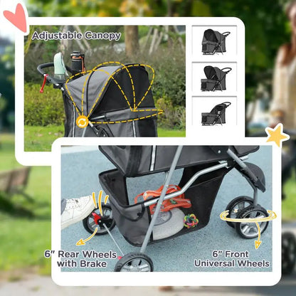 3 Wheel Pet Stroller for Small Dogs and Cats, Foldable Travel Pram with Breathable Mesh and Storage Bag, Sturdy Steel Frame for Walking, Charcoal Grey, 75x45x97 cm, Sturdy, Lightweight, Comfortable, Safe, Space Saving