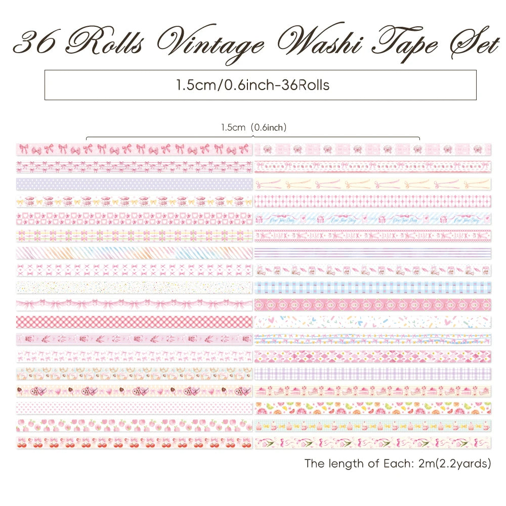 36 Rolls Pink Washi Tape Set Cute Butterfly Gingham Cherry Dessert Pattern Decorative Masking Tapes For Scrapbooking Journaling