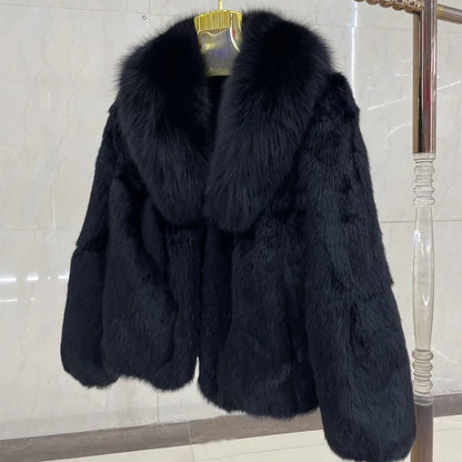 100% Genuine Whole Skin Rabbit Fur Coat with luxury Real Natural Fox Fur Collar Jacket Full Pelt Rabbit Fur Overcoat HT89