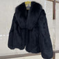 100% Genuine Whole Skin Rabbit Fur Coat with luxury Real Natural Fox Fur Collar Jacket Full Pelt Rabbit Fur Overcoat HT89
