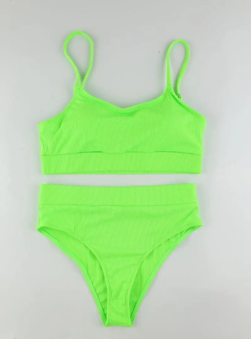 Cikini-Solid High Waist Bikinis Set for Women, Small Pit Stripe Swimsuit, Summer Beach Swimwear, Bathing Suit
