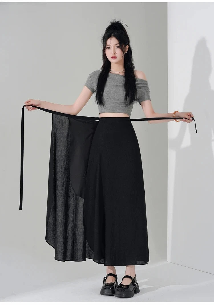 Chic Korea Clothes Summer Women Cute Sweet GIrls Solid Robe Holiday Date High Waist Retro Vintage Wrap One-Piece Lace-Up Skirts