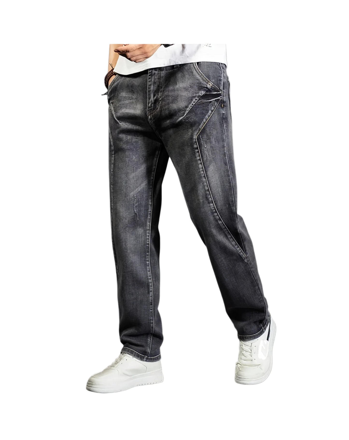 Men's New Straight Leg Stretchable Jeans Casual Pants with Personality Design Comfortable Fit Modern Style