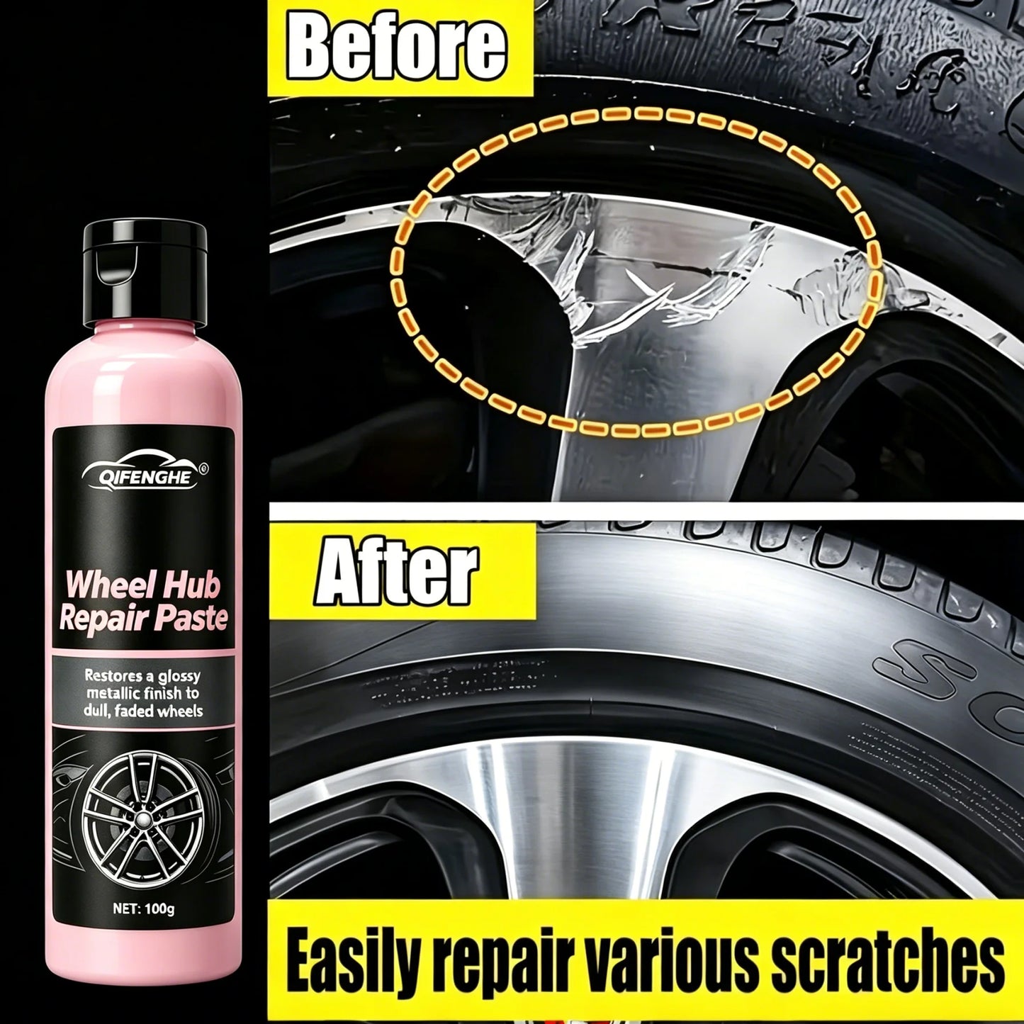 Wheel Hub Repair Paste, Professional Car Alloy Wheel Scratch Remover, Rust & Oxidation Cleaner, Auto Rim Refurbish Shine Restore