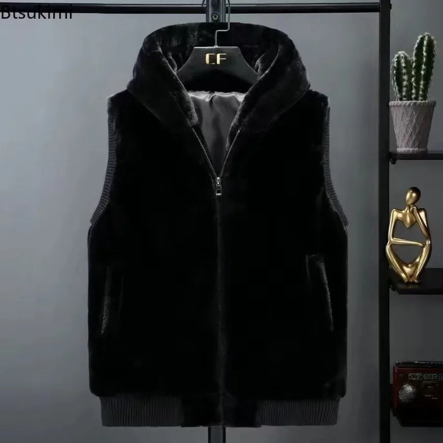 2026 Autumn Winter Men's Thicked Golden Velvet Warm Vest Fashion Solid Sleeveless Zipper Hooded Jacket Fake Fur Couple Waistcoat